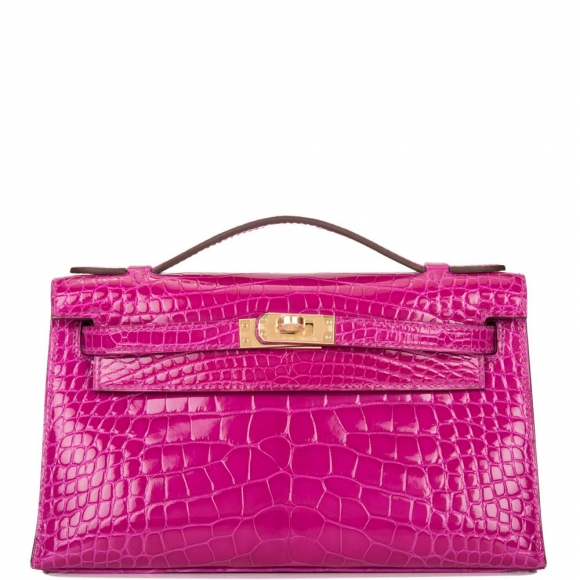 Hermes Rose Scheherazade Shiny Alligator Mini Kelly Pochette Gold Hardware